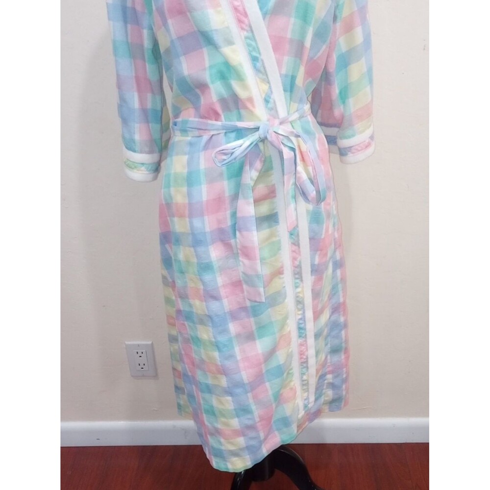 Madras Plaid Pastel Checked House Coat Robe - Vintage 80s! - Picture 5 of 10